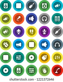 White Solid Icon Set- disk vector, music hit, speaker, loudspeaker, settings, microphone, headphones, pause button, forward, rec, rca, jack, equalizer