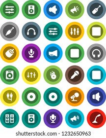 White Solid Icon Set- disk vector, music hit, microphone, speaker, loudspeaker, settings, headphones, pause button, forward, rec, rca, jack, equalizer