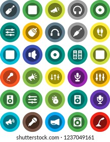 White Solid Icon Set- disk vector, music hit, microphone, speaker, loudspeaker, settings, headphones, pause button, forward, rec, rca, jack, equalizer