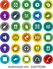 White Solid Icon Set- disk vector, music hit, microphone, speaker, loudspeaker, settings, headphones, pause button, forward, rec, rca, jack, equalizer