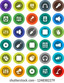 White Solid Icon Set- disk vector, music hit, microphone, speaker, loudspeaker, settings, headphones, pause button, forward, rec, rca, jack, equalizer
