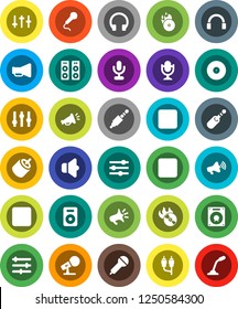 White Solid Icon Set- disk vector, music hit, microphone, speaker, loudspeaker, settings, headphones, pause button, forward, rec, rca, jack, equalizer