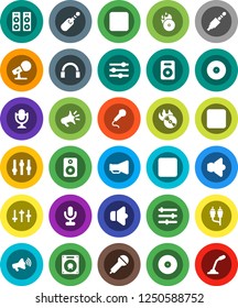 White Solid Icon Set- disk vector, music hit, microphone, speaker, loudspeaker, settings, headphones, pause button, forward, rec, rca, jack, equalizer