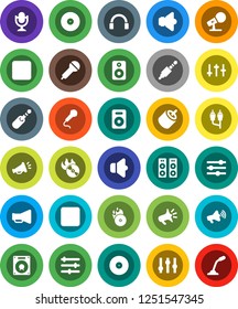 White Solid Icon Set- disk vector, music hit, microphone, speaker, loudspeaker, settings, headphones, pause button, forward, rca, jack, equalizer