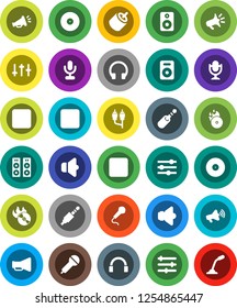 White Solid Icon Set- disk vector, music hit, microphone, speaker, loudspeaker, settings, headphones, pause button, forward, rec, rca, jack, equalizer