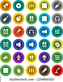 White Solid Icon Set- disk vector, music hit, microphone, speaker, loudspeaker, settings, headphones, pause button, forward, rec, rca, jack, equalizer