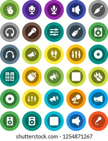 White Solid Icon Set- disk vector, music hit, microphone, speaker, loudspeaker, settings, headphones, pause button, rec, rca, jack, equalizer