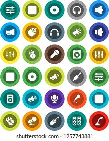 White Solid Icon Set- disk vector, music hit, microphone, speaker, loudspeaker, settings, headphones, pause button, forward, rec, rca, jack, equalizer