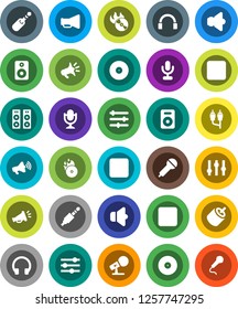 White Solid Icon Set- disk vector, music hit, microphone, speaker, loudspeaker, settings, headphones, pause button, forward, rec, rca, jack, equalizer