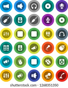 White Solid Icon Set- disk vector, music hit, microphone, speaker, loudspeaker, settings, headphones, pause button, forward, rec, rca, jack