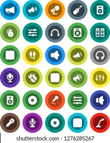 White Solid Icon Set- disk vector, music hit, microphone, speaker, loudspeaker, settings, headphones, pause button, forward, rec, rca, jack, equalizer
