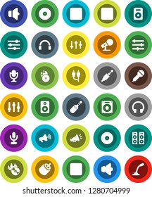 White Solid Icon Set- disk vector, music hit, microphone, speaker, loudspeaker, settings, headphones, pause button, forward, rec, rca, jack, equalizer