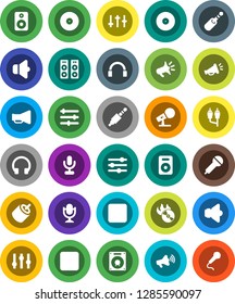 White Solid Icon Set- disk vector, music hit, microphone, speaker, loudspeaker, settings, headphones, pause button, forward, rca, jack, equalizer