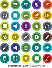 White Solid Icon Set- disk vector, music hit, microphone, speaker, loudspeaker, settings, headphones, pause button, forward, rec, rca, jack, equalizer