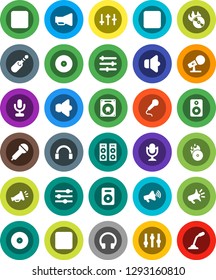 White Solid Icon Set- disk vector, music hit, microphone, speaker, loudspeaker, settings, headphones, pause button, forward, rec, jack, equalizer