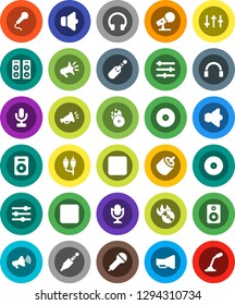 White Solid Icon Set- disk vector, music hit, microphone, speaker, loudspeaker, settings, headphones, forward button, rec, rca, jack, equalizer