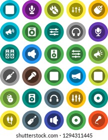 White Solid Icon Set- disk vector, music hit, microphone, speaker, loudspeaker, settings, headphones, pause button, forward, rec, rca, jack, equalizer