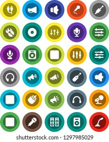 White Solid Icon Set- disk vector, music hit, microphone, speaker, loudspeaker, settings, headphones, pause button, forward, rec, rca, jack, equalizer