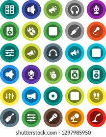 White Solid Icon Set- disk vector, music hit, microphone, speaker, loudspeaker, settings, headphones, pause button, forward, rec, rca, jack, equalizer