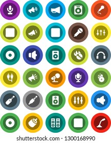 White Solid Icon Set- disk vector, music hit, microphone, speaker, loudspeaker, settings, headphones, pause button, forward, rec, rca, jack