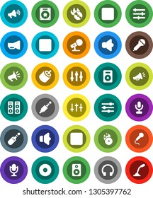 White Solid Icon Set- disk vector, music hit, microphone, speaker, loudspeaker, settings, headphones, pause button, forward, rec, rca, jack, equalizer
