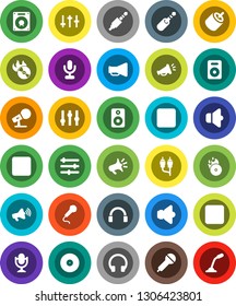 White Solid Icon Set- disk vector, music hit, microphone, speaker, loudspeaker, settings, headphones, pause button, forward, rec, rca, jack, equalizer