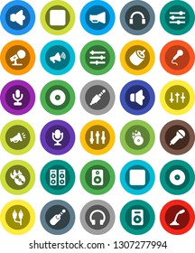 White Solid Icon Set- disk vector, music hit, microphone, speaker, loudspeaker, settings, headphones, pause button, rec, rca, jack, equalizer