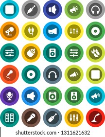 White Solid Icon Set- disk vector, music hit, microphone, speaker, loudspeaker, settings, headphones, pause button, rec, rca, jack, equalizer