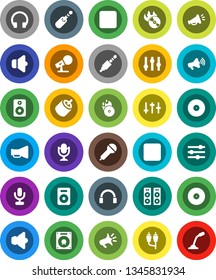 White Solid Icon Set- disk vector, music hit, microphone, speaker, loudspeaker, settings, headphones, pause button, forward, rca, jack, equalizer