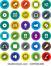 White Solid Icon Set- disk vector, music hit, microphone, speaker, loudspeaker, settings, headphones, pause button, forward, rec, rca, jack, equalizer