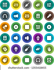 White Solid Icon Set- disk vector, music hit, microphone, speaker, loudspeaker, settings, headphones, pause button, forward, rec, rca, jack, equalizer