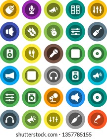 White Solid Icon Set- disk vector, music hit, microphone, speaker, loudspeaker, settings, headphones, forward button, rec, rca, jack, equalizer