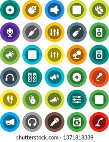 White Solid Icon Set- disk vector, music hit, microphone, speaker, loudspeaker, settings, headphones, pause button, forward, rec, rca, jack, equalizer