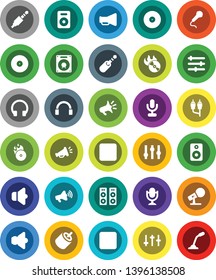 White Solid Icon Set- disk vector, music hit, microphone, speaker, loudspeaker, settings, headphones, pause button, rec, rca, jack, equalizer