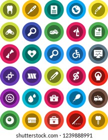 White Solid Icon Set- doctor bag vector, disabled, heart cross, thermometer, gender sign, dna, magnifier, pregnancy, dropper, scalpel, broken bone, pills, microbs, blood drop, anamnesis, tomography