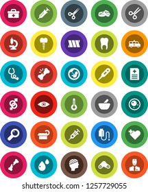 White Solid Icon Set- doctor bag vector, heart cross, thermometer, eye, gender sign, magnifier, pregnancy, syringe, scissors, broken bone, stethoscope, pills, mortar, microscope, blood drop, bandage