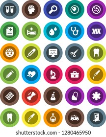 White Solid Icon Set- doctor bag vector, ambulance star, heart pulse, thermometer, flask, vial, magnifier, syringe, dropper, scissors, broken bone, stethoscope, pills blister, microscope, microbs