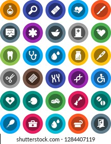 White Solid Icon Set- doctor bag vector, ambulance star, disabled, heart pulse, cross, thermometer, flask, dna, magnifier, insemination, scissors, scalpel, broken bone, patch, stethoscope, pills