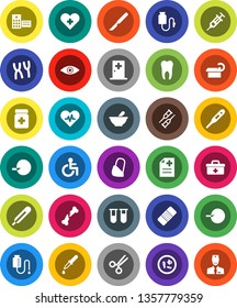 White Solid Icon Set- doctor bag vector, disabled, heart pulse, cross, thermometer, vial, eye, insemination, syringe, dropper, crutches, scissors, scalpel, broken bone, patch, pills bottle, mortar