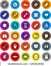 White Solid Icon Set- doctor bag vector, ambulance star, disabled, heart pulse, thermometer, vial, eye, gender sign, dna, pregnancy, scissors, scalpel, broken bone, sand clock, patch, pills, bottle
