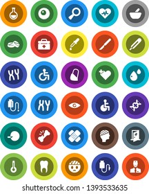 White Solid Icon Set- doctor bag vector, disabled, heart pulse, cross, thermometer, flask, eye, dna, magnifier, insemination, dropper, scalpel, broken bone, patch, pills, mortar, chromosomes, ovule