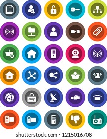 White Solid Icon Set- document vector, dry cargo, video camera, social media, finger down, connection, network, folder, server, lan connector, home, hierarchy, attachment, user, login, key, siren