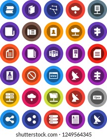 White Solid Icon Set- document vector, personal information, binder, prohibition sign, signpost, satellite antenna, newspaper, network, folder, server, cloud, big data, browser, share, upload, open
