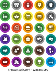 White Solid Icon Set- document vector, cart, map pin, satellite, video camera, speaking man, network folder, server, cloud, shield, equalizer, firewall, hub, favorites, bench, arrow, loading, globe