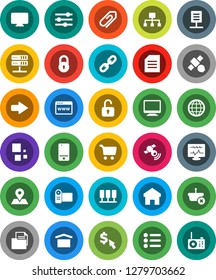 White Solid Icon Set- document vector, cart, dollar cursor, map pin, satellite, dry cargo, satellitie, mobile phone, diagnostic monitor, server, network, browser, equalizer, home, arrow, loading