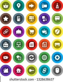 White Solid Icon Set- document vector, cart, map pin, antenna, video camera, link, favorites, notebook network, server, gear, shield, lan connector, message, bench, arrow, refresh, loading, globe