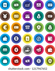 White Solid Icon Set- dollar coin vector, wallet, cash, money bag, investment, stack, check, receipt, shield, euro sign, yen, cashbox