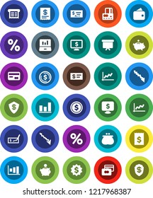 White Solid Icon Set- dollar coin vector, graph, laptop, credit card, crisis, piggy bank, check, receipt, presentation board, medal, monitor, wallet, percent, shield