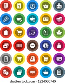 White Solid Icon Set- dollar coin vector, cart, credit card, stack, receipt, estate document, search, new, shopping bag, buy, barcode, reader, basket, list