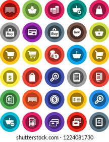 White Solid Icon Set- dollar coin vector, cart, credit card, stack, receipt, estate document, search, new, shopping bag, buy, barcode, reader, basket, list